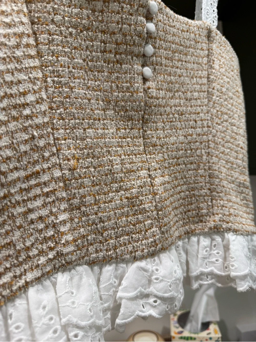 NWT Zara Ecru Brown Combination Textured Crop Top Lace Trim Size S